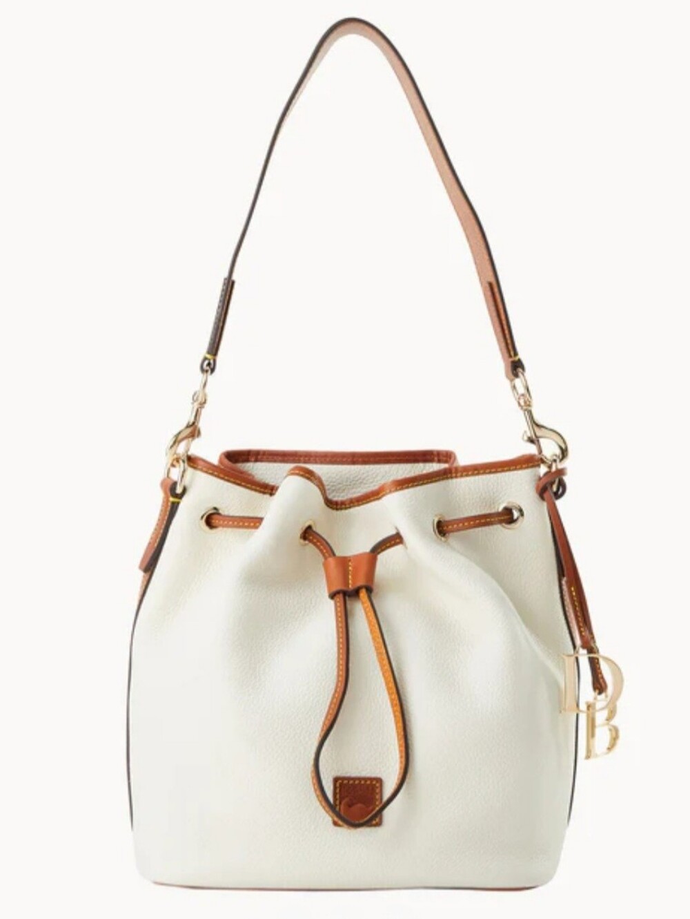 Dooney & Bourke Pebbled Leather Drawstring Bucket In White/Tan, Gold, BRAND NEW!